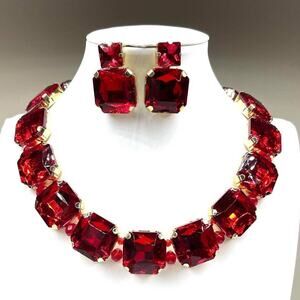 Necklace & Earrings Matching Jewelry Set Red Gold N40